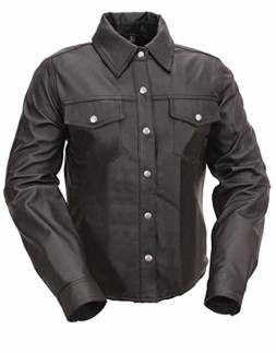 Mens Police Uniform Full Sleeves Genuine Black Leather Shirt 
